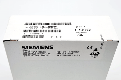 Box of Siemens 6ES5464-8MF21 SIMATIC S5 Analog Input Module with labeling and specifications visible.