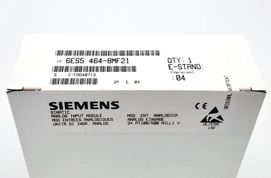 Box of Siemens 6ES5464-8MF21 SIMATIC S5 Analog Input Module with labeling and specifications visible.