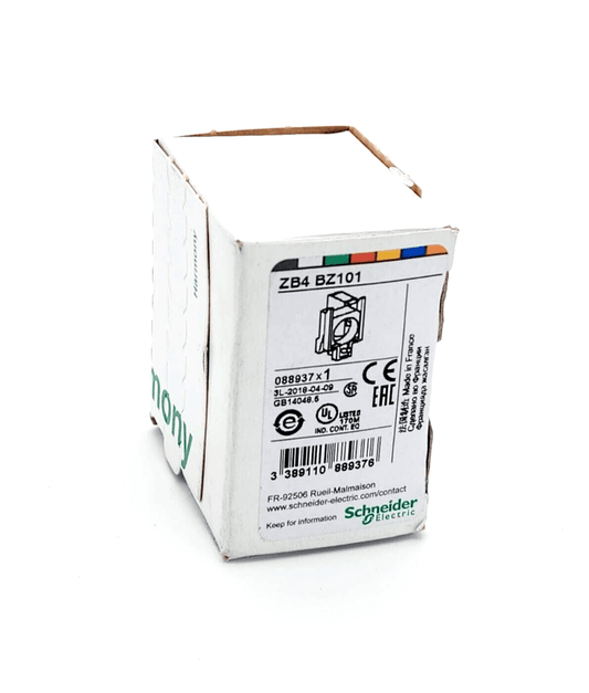 Schneider Electric ZB4BZ101 Hilfsschalterblock Verpackung, veranschaulicht Produktspezifikationen und Barcode.