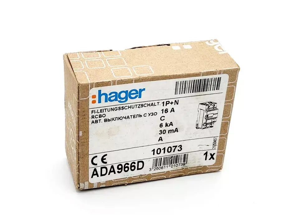 Box of Hager ADA966D RCBO, 1P+N, 16A, 6kA, 30mA, Type A, electrical safety device packaging.