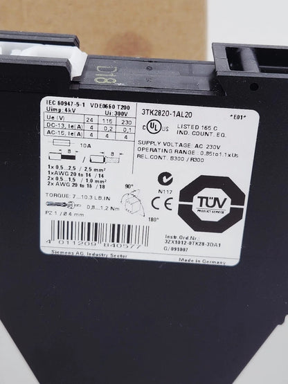 Siemens 3TK2820-1AL20 SIRIUS Sicherheitsschaltgerät AC 230 V label showing technical specifications.