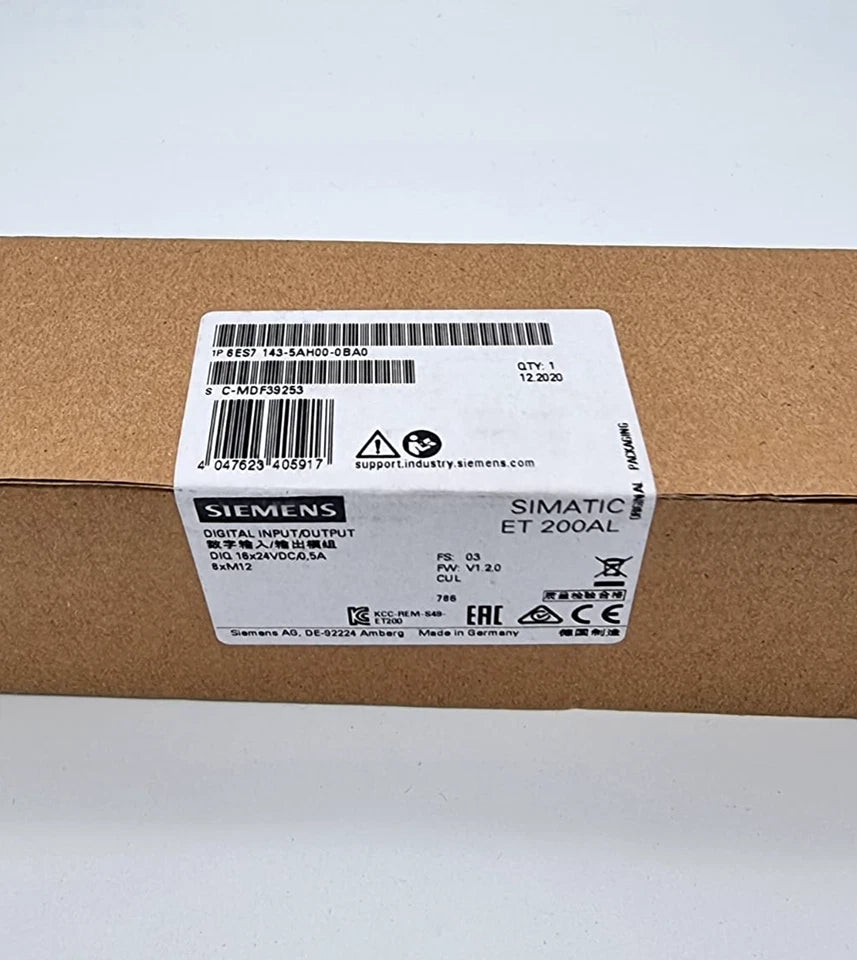 Unopened packaging of Siemens 6ES7143-5AH00-0BA0 SIMATIC ET 200AL DIQ 16x24VDC/0,5A 8xM12 | sealed with label visible.