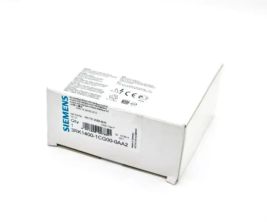 Siemens 3RK1400-1CG00-0AA2 AS-i SlimLine Modul in packaging, featuring 4DI, 4DQ configuration and IP20 protection.