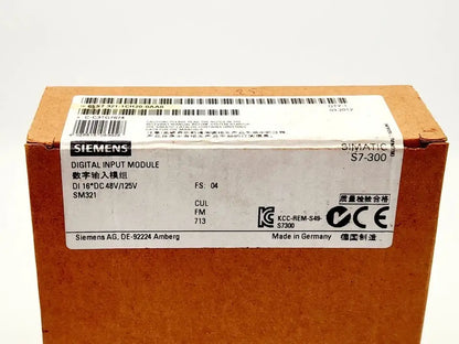 Sealed Siemens SIMATIC S7-300 SM321 digital input module box with specifications label.