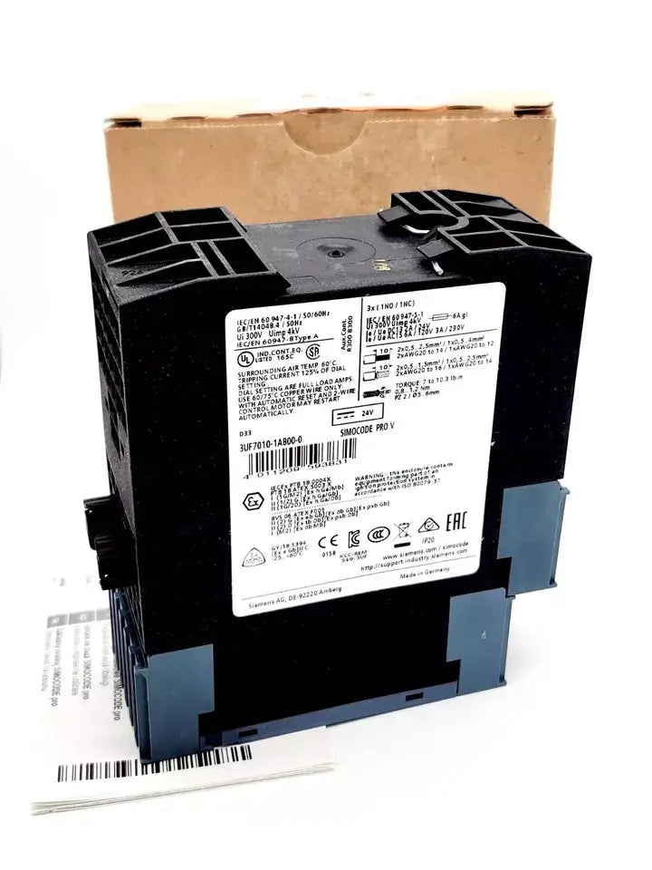 Siemens 3UF7010-1AB00-0 SIMOCODE pro V PB motor management system with PROFIBUS DP, 24V supply, 4 digital inputs, 3 outputs.